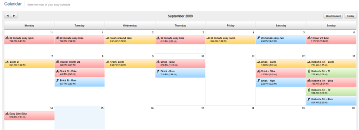 Garmin Connect Calendar View with 310XT data