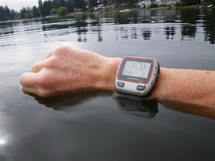 Garmin 310XT sitting in water on wrist