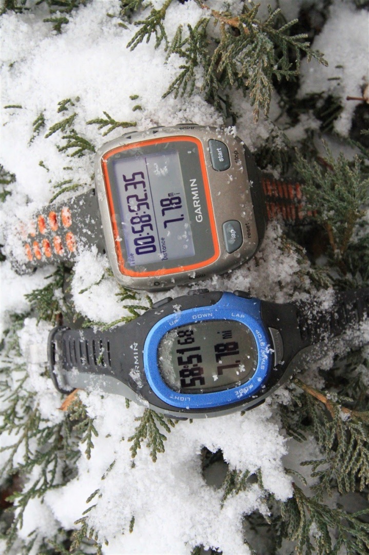 Garmin FR-60 and 310XT in snow after run