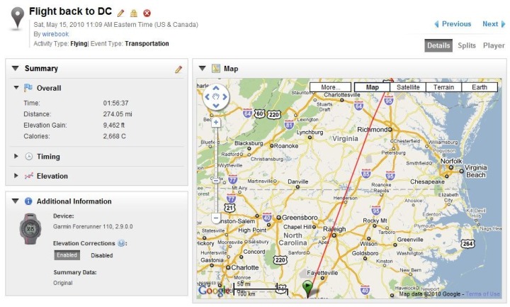 Garmin Forerunner 110 flying route