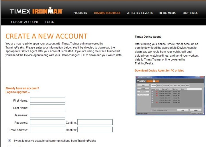 Timex Training Peaks New Account Creation