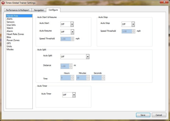 Timex Global Trainer Configuration Settings