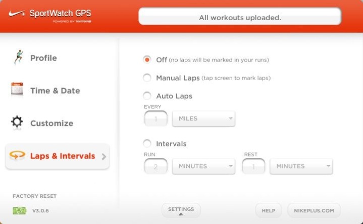 Nike+ GPS Sportwatch Connect Lap and Interval Configuration