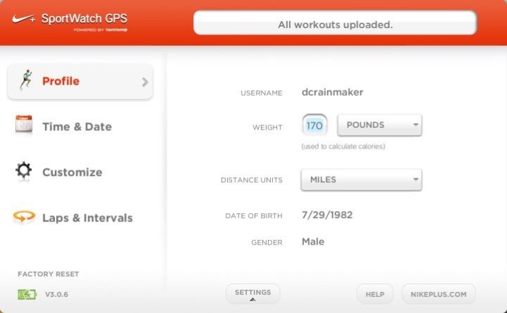 Nike+ GPS Sportwatch Connect Software Setting Changes