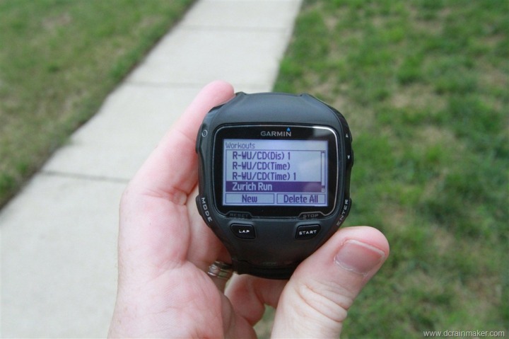 Garmin FR910XT Workout Selection