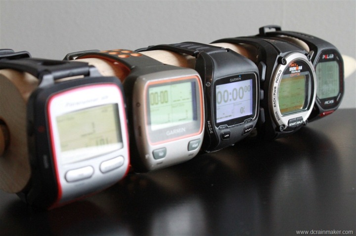 Garmin FR305, FR310XT, FR910XT, Timex Global Trainer and Polar RCX5 size comparison