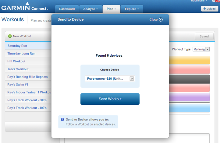 Garmin Connect Send to Device workouts
