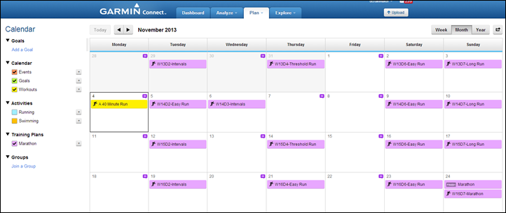 Garmin Connect Calendar View