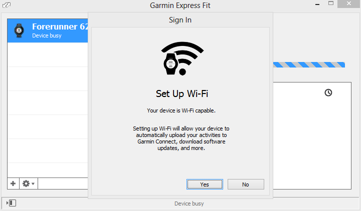 Garmin FIT Express with Garmin FR620 configuration of Wifi