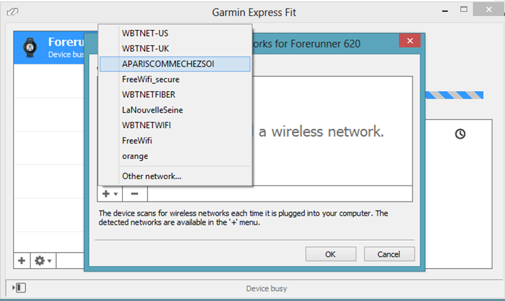 Garmin FIT Express with Garmin FR620 configuration of Wifi