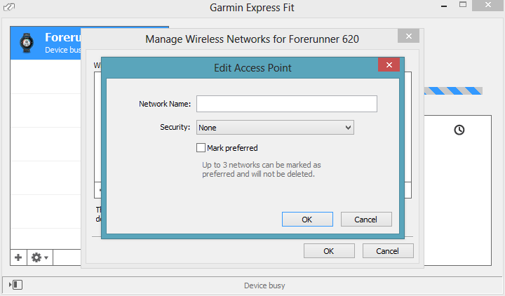 Garmin FIT Express with Garmin FR620 configuration of Wifi manual network