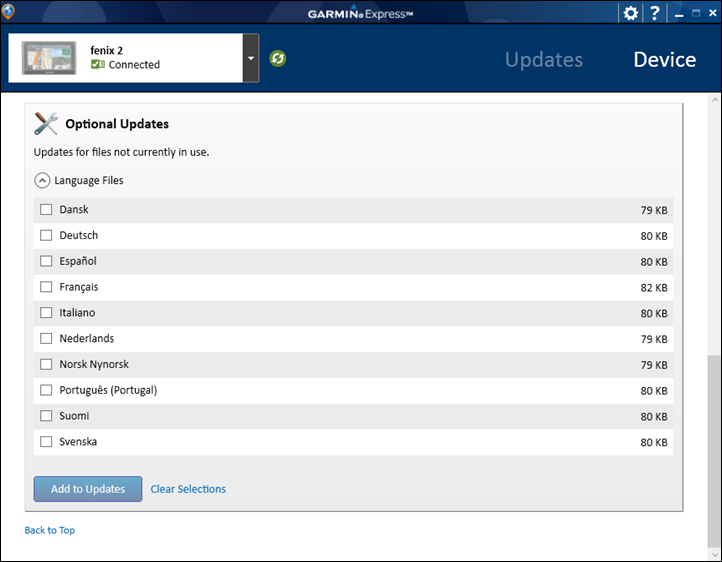 Garmin Express with Fenix2 Languages
