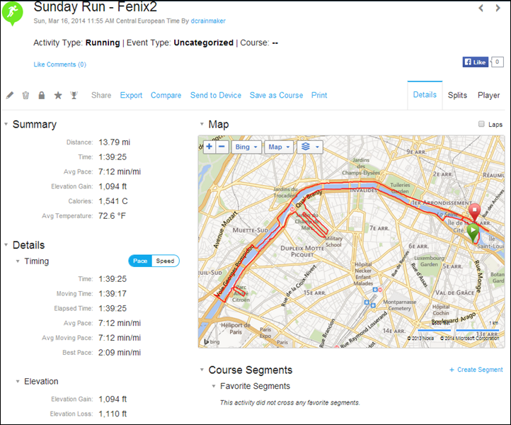 Garmin Connect Run Detail