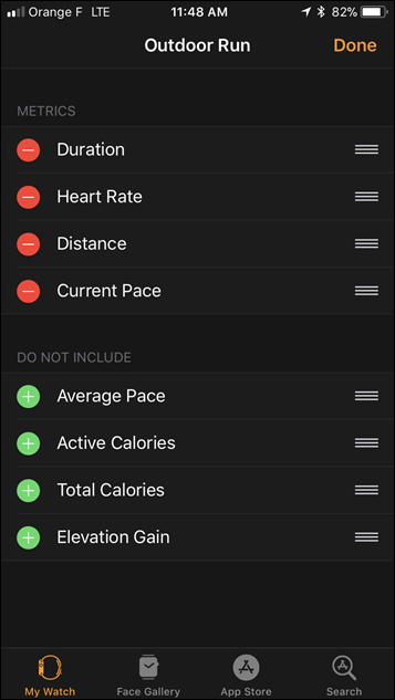 Apple Watch Series 3 Workout Field Selector Data Options